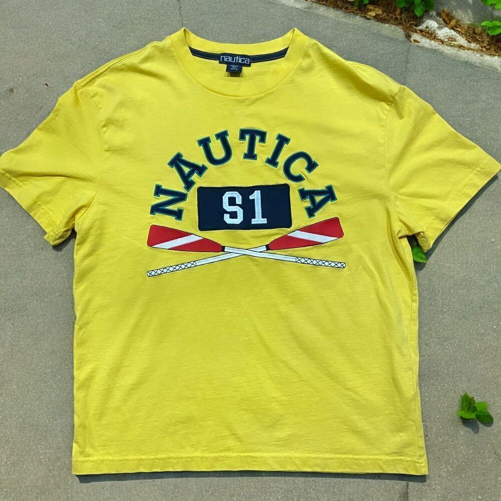 Nautica Vintage 90s Rowing Embroidered Yellow T-Shirt Men's Size Medium